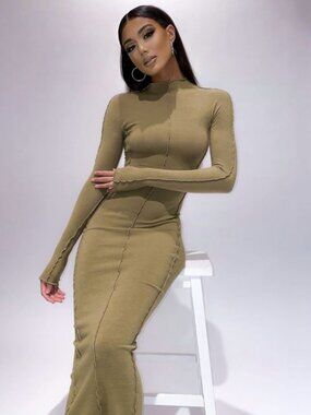 The Kript Ribbed Maxi Bodycon Dress Long Sleeve - S - Olive Brown